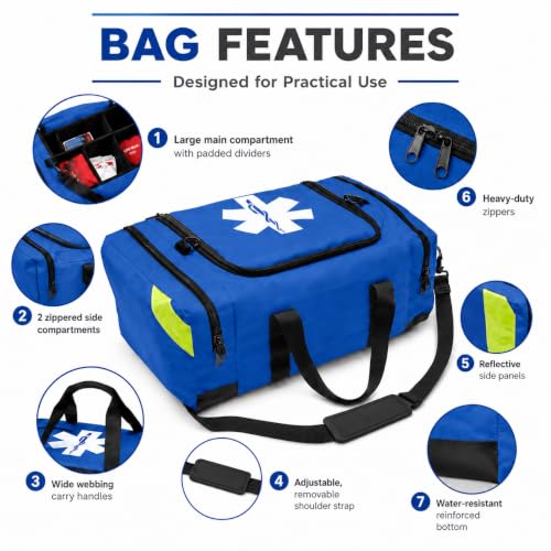 NOVAMEDIC NM-4124 Empty Trauma First Aid Medical Bag, 21"x15"x5", Multi Compartment First Responder Carrier for EMT, Paramedics, Emergency and Medical Supplies Kit, Lightweight and Durable (Blue) - color: Blue