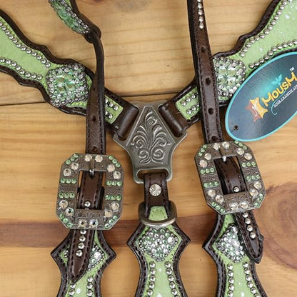 Western Leather Headstall & Breast Collar Set for Horses - Valentine’s Day Silver Metallic Cowhide with Rhinestones - color: Lime Green