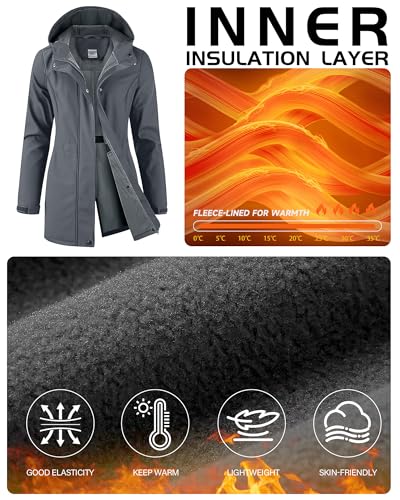 iCreek Women's Waterproof Softshell Rain Jacket Fleece Lined Hood Long Coat - color: Dark Grey, size: Large