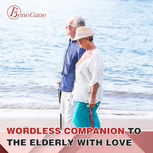 BeneCane Walking Cane for Women Folding Cane for Men with Two Led Lights Quad Cane with Stable Base Lightweight and Adjustable Walking Stick - color: Red