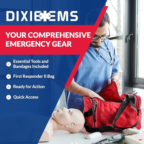 Fully Stocked Trauma First Aid Kit – First Responder II Bag with Tools, Gauze, Bandages, Scissors & Gloves – Compact & Portable – OSHA and ANSI Compliant – Red - color: Red