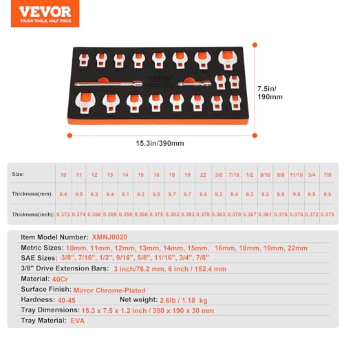 VEVOR Crowfoot Wrench Set, 3/8" Drive 20-Piece Crows Foot Wrench Set with 2 Extension Bars and EVA Tool Organizer,40CR Material with Mirror Chrome Finish, SAE 3/8"-7/8" and Metric 10-22 mm - size: 3/8" 20 PCS