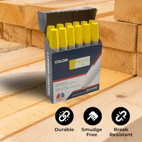 Lumber Crayons – Yellow, Pack of 12 | Hexagonal Construction Marking Crayons for Wood, Concrete, Asphalt, Metal | Durable, Smudge-Free, Break-Resistant - color: Yellow