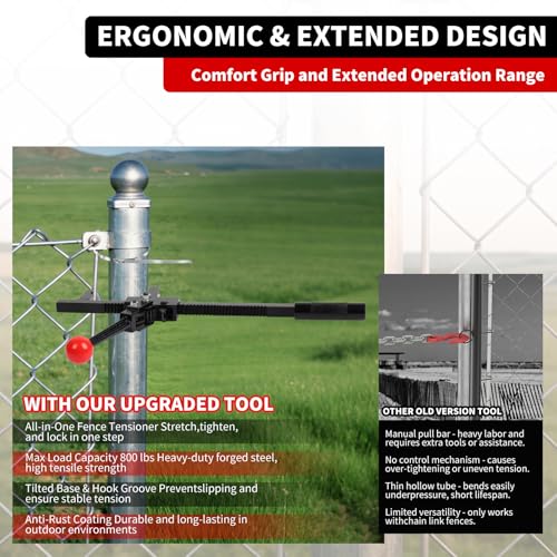 Chain Link Fence Stretcher Tool, Ratcheting Wire Fence Tightener & Puller for Woven Wire Fence, 3″–12″ Tension Range, 5° Tilted Base & Hooked Groove, One-Hand Operation for Farm & Yard
