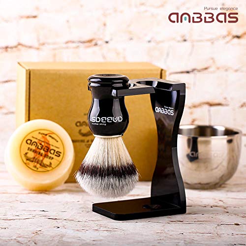 Anbbas Faux Badger Shaving Brush Set with 3.5OZ Milk Shaving Soap and Bowl Stainless Steel,Black Acrylic Shaving Stand Holer for DE Razor Men Close Shave Kit | Synthetic Badger Nylon Bristles Good Water Absorption Skin Friendly No Shedding Morning Persona