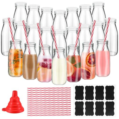 Tioncy 20 Pack 8.5 oz Reusable Glass Milk Bottles with Lids and Straws