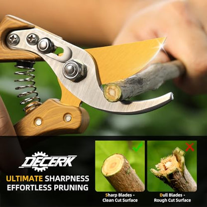DECERK® 8.5" Premium Bypass Pruning Shears – Wood Grain Finish with Gold Titanium Blade, Japanese SK5 Steel, Balanced Ergonomic Handle for Precise Garden Trimming, Timeless Gardening Companion - style: Premium Woodgrain Clipper