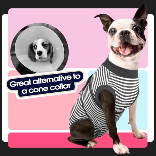 FUAMEY Dog Recovery Suit Male,Dogs Surgery Neuter Suits Puppy Spay Shirts for Female Protect Dog's Skin Anti Licking Abdominal Wounds Doggie Onesie Pet Bodysuit Alternative to Cone Gray Stripes XS - color: Grey Stripes, size: Xs(back:8.3-11.4in,wt:4-7lbs)