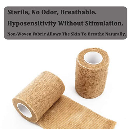 12 Rolls Elastic Self Adhesive Bandage Wrap 3 Inch, Breathable Non Woven Cohesive Bandage, Vet Wrap for Dogs, Ankle Sprains Swelling Tape, Sports Athletic Tape Brown - color: 3 Inch-12 Count Tan