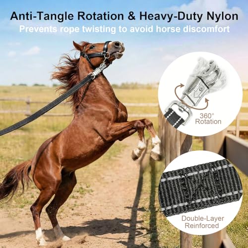 2-Pack Cross Ties for Horses (44"-78.7") - Adjustable Heavy Duty Reflective Equine Trailer Tether with Panic & Bull Snap, 360° Anti-Tangle Grooming Straps, Equestrian Barn Equipment (Black) - color: Black