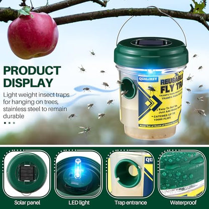 Qualirey 3 Fly Traps Outdoor with 3 Non Toxic Dissolvable Bait Refills, Reusable Insect Catcher Killer for All Filth Flies with Solar LED Light Design, Fruit Flies Traps for Outside Bug Control Yard