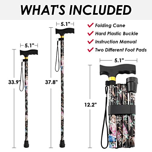 Walking Cane PANZHENG Cane for Man/Woman | Mobility & Daily Living Aids | 5-Level Height Adjustable Walking Stick | Comfortable Plastic T-Handle Portable Walking Stick Folding Cane - color: Cane-Black print