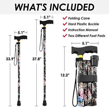 Walking Cane PANZHENG Cane for Man/Woman | Mobility & Daily Living Aids | 5-Level Height Adjustable Walking Stick | Comfortable Plastic T-Handle Portable Walking Stick Folding Cane - color: Cane-Black print