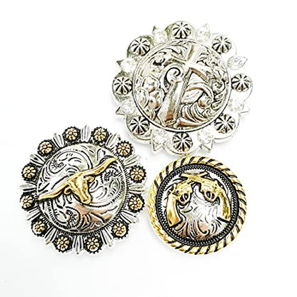Horse TACK Antique Engraved Berry Conchos Screw Back Cross Badges Longhorn Steer Leather Craft Bukle 12pcs Mixed