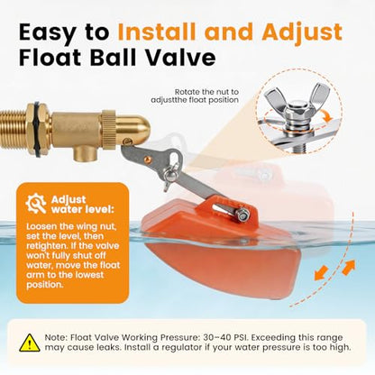 2 Pack Brass Float Valve 1/2 Inch, Auto Fill and Shut off, No Leakage | Water Float Ball Valve with Adjustable Arm, Pool Fill Float Valve for Water Trough,Fountains,Water Tank,Ponds,Aquariums - color: 1/2 in Orange