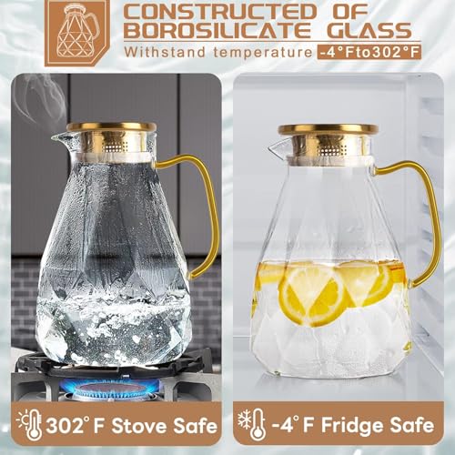 Glass Pitcher, 2.2 Liter Water Pitcher With Lid | Iced Tea Pitcher for Fridge,Carafe With Lid, Glass Water Jug For Juice, Milk, Cold Or Hot Beverages, 2.2 Liter-New - size: 74.7 Ounces