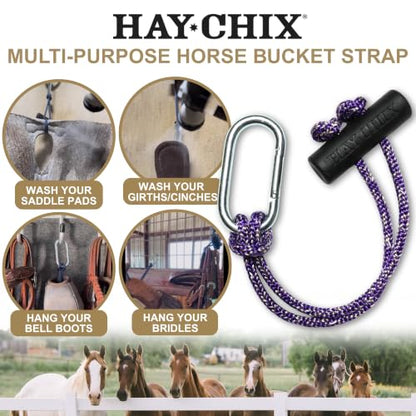 hay chix Hay Nets for Horses + Bucket Strap Bundle | 1- Half Bale Net 1 3/4” | Slow Feed Hay Bag Feeder and 1 - Bucket Strap for Hanging Water Bucket or for Barn Organization 14”, Redemption Amethyst