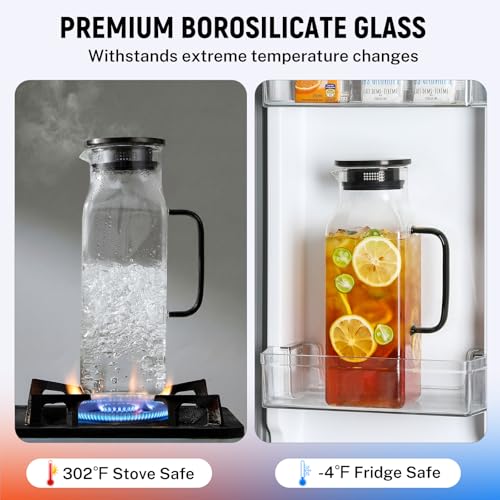 2 Pack 2 Liters/68 oz Square Glass Pitcher with Lid and Handle for Fridge, Iced Tea and Coffee Carafe Beverage Serveware, Heat Resistant Borosilicate Water Black Jug for Hot/Cold Drinks and Milk - size: 68 oz Black