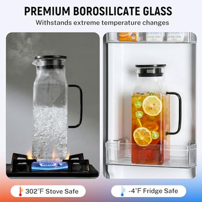 2 Pack 2 Liters/68 oz Square Glass Pitcher with Lid and Handle for Fridge, Iced Tea and Coffee Carafe Beverage Serveware, Heat Resistant Borosilicate Water Black Jug for Hot/Cold Drinks and Milk - size: 68 oz Black