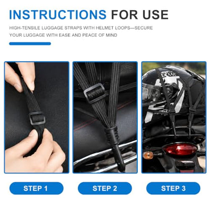 2PCS Motorcycle Helmet Rope, 23.6" Flat Adjustable Bungee Cords with 2 Hooks, High Retractable Elastic Rope Strap Heavy Duty Tie Downs for Dirtbike Motorbike Helmet Luggage