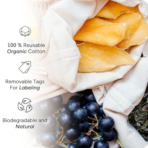 LEAFICO Organic Cotton Reusable Produce Bags - Small 5x7 (12 Pack) - Biodegradable Eco-Friendly Bulk Bin Sacks for Food - Cloth Bags with Drawstrings - Linen Pouch for Fruit, Vegetable Storage - size: Small 5x7" (12 Pack)