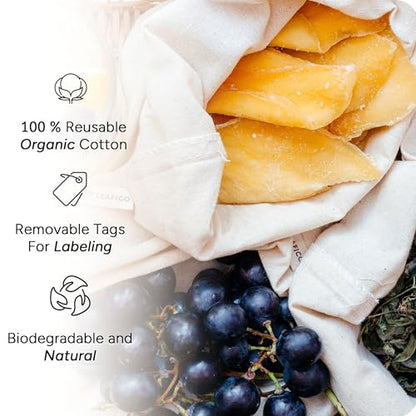 LEAFICO Organic Cotton Reusable Produce Bags - Small 5x7 (12 Pack) - Biodegradable Eco-Friendly Bulk Bin Sacks for Food - Cloth Bags with Drawstrings - Linen Pouch for Fruit, Vegetable Storage - size: Small 5x7" (12 Pack)