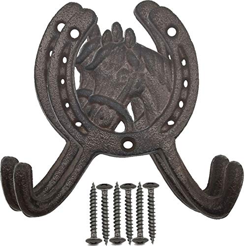 TIHOOD Cast Iron Horse Head 2 Hook Coat Rack - Rustic Ranch Style, Wall Mounted Towel Hooks