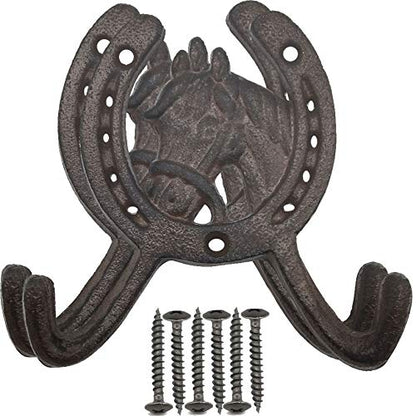 TIHOOD Cast Iron Horse Head 2 Hook Coat Rack - Rustic Ranch Style, Wall Mounted Towel Hooks