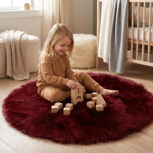 duduta Burgundy Faux Fur Sheepskin Round Rug 4x4 ft, Fluffy Shag Circle Rug - color: Burgundy, size: 4' x 4'