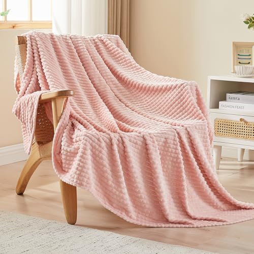 EMME Fleece Blanket, 3D Jacquard Throw Blanket for Couch and Bed, Soft Cozy and Fluffy Blankets Lightweight Luxury Flannel with Geometric Grid Design (Pink, 80" x 90") - color: 16-grid-baby Pink, size: Queen