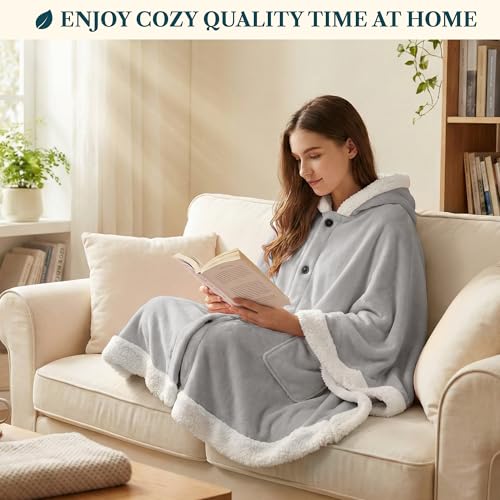 PAVILIA Hooded Blanket Poncho Fleece Wearable Shawl Wrap Throw, Light Grey | Fleece Shawl Wrap with Hood, Adult Wearable Blanket, Cozy Warm Poncho Cape Throw with Pockets, Gift for Elderly Mom - color: Light Grey