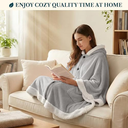 PAVILIA Hooded Blanket Poncho Fleece Wearable Shawl Wrap Throw, Light Grey | Fleece Shawl Wrap with Hood, Adult Wearable Blanket, Cozy Warm Poncho Cape Throw with Pockets, Gift for Elderly Mom - color: Light Grey