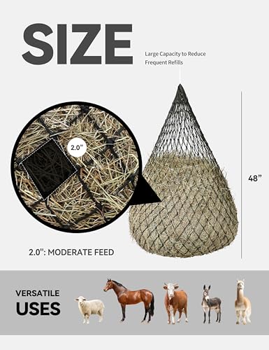 2-Pack 48’’ Length Hay Nets for Horses Slow Feed w/Drawstring Closure Hay Bags for Horses & Livestock-2.0" Black - size: 2.0"