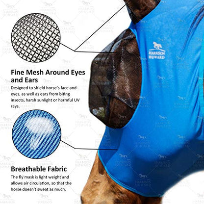 Harrison Howard Super Comfort Stretchy Fly Mask Large Eye Space with UV Protection Soft on Skin with Breathability Azure Blue M Cob - color: Azure Blue, size: Cob (Medium)