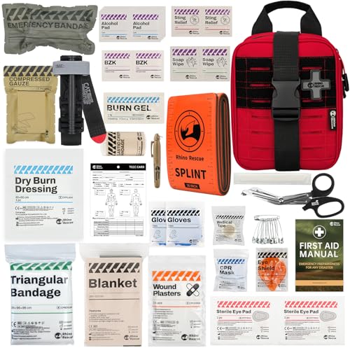 RHINO RESCUE IFAK Trauma Kit Standard with CAT Tourniquet Red | Military-Grade, Massive Bleeding Control, Tactical Molle Pouch, Professional First Aid Kit, HSA/FSA Approved - color: Red