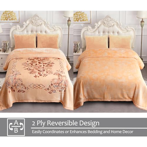 JML Raschel Fleece Blanket Heavy, 11 lbs, 87"x94", Flowers Branches Beige | Korean-style, 2 Ply, A&B Printed, 1 Side Embossed, Cozy Thick Warm for Winter - color: Flowers Branches Beige