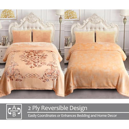 JML Raschel Fleece Blanket Heavy, 11 lbs, 87"x94", Flowers Branches Beige | Korean-style, 2 Ply, A&B Printed, 1 Side Embossed, Cozy Thick Warm for Winter - color: Flowers Branches Beige