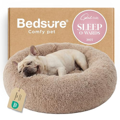 Bedsure Calming Dog Bed Medium Size Dog Donut Washable Pet Bed,30ins Camel | Oprah Daily Sleep Award,Fluffy Faux Fur Round Cuddler,Anti-Slip Bottom,Anti-Anxiety,Deep Sleep for Pets Up to 45 Lbs - color: Camel, size: 30"L x 30"W x 8"Th