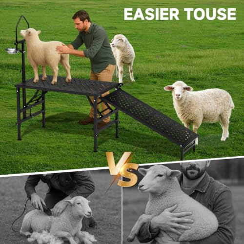 Goat Milking Stand with a Ramp, Metal Goat Stand with Feed Bin, 600LBS Livestock Trimming Stand with Height Adjustable, Sturdy Sheep Stand for Goats and Lambs, Black.