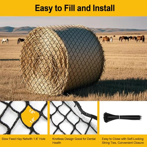 6x6ft Round Bale Hay Net for Horses, Heavy Duty Slow Feed Hay Net with 1.6" Mesh, Black Nylon Hay Feeder for Horses, Cattle, Goats, Includes Free Repair Kit, Reduce Waste - size: 6x6FT