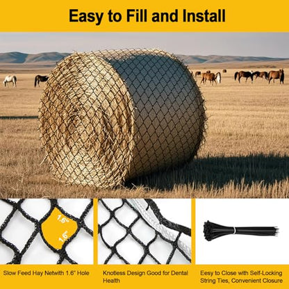 6x6ft Round Bale Hay Net for Horses, Heavy Duty Slow Feed Hay Net with 1.6" Mesh, Black Nylon Hay Feeder for Horses, Cattle, Goats, Includes Free Repair Kit, Reduce Waste - size: 6x6FT