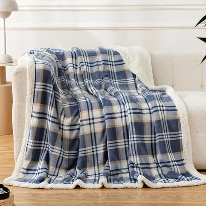 PU MEI Sherpa Blanket Queen Plaid Thick Bed Blanket, 80”*90” Super Soft Flannel Fuzzy Fleece Reversible Velvet Plush Warm Blanket for Couch (Blue White Check) - color: Blue White Check, size: 80"*90"
