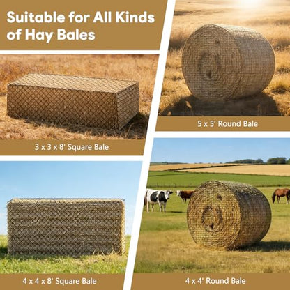 5×5 FT Round Bale Hay Net for Horses & Goats, Heavy Duty Knotless Slow Feed Hay Nets, 1.75" Mesh, Weather Resistant Round Bale Net with Repair Kit for Pasture and Barn - size: 5*5FT