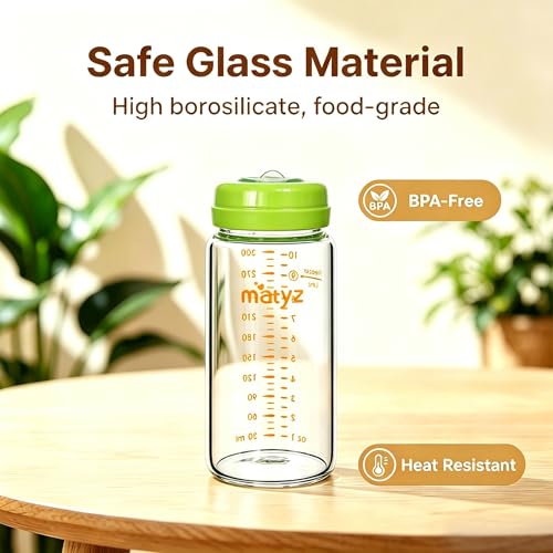 Matyz Glass Breastmilk Storage Set, 4 Pack 10oz, Compatible with Spectra Medela Philips Avent Pumps, Wide-Mouth Leakproof Containers for Freezing & Feeding, BPA-Free (Green Lids) - color: [4 Pack] Green Lids - 10 Ounce Borosilicate GLASS Bottle