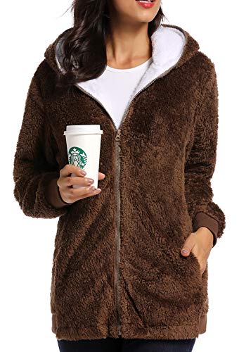 Fleece Coat for Women,Women's Oversized Zip Up Hooded Jacket Winter Plus Size Sherpa Coat - color: Abrown, size: Large