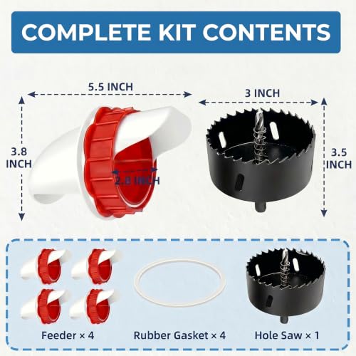 DIY Chicken Feeder Ports, 4 Ports Chicken Feeder No Waste, DIY Automatic Poultry Feeder Cups Kit, Rain Proof Gravity Feeder Port with Hole Saw for Buckets Barrels Bins Troughs
