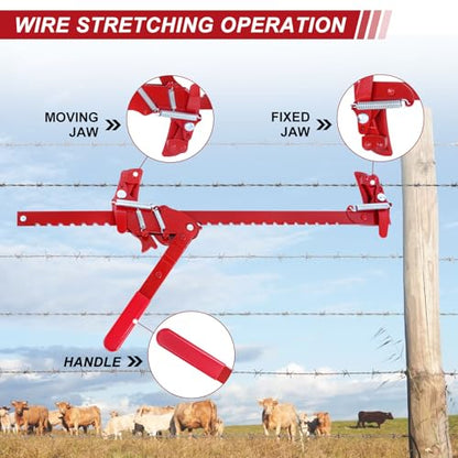 Steel Wire Fence Stretcher Tool, Wire Fence Splicer Repair Tool | Fence Stretcher Splicer, Long Arm Labor Saving Design, All Purpose Wire Fence Stretcher for Barbed & Smooth Wire, Red - color: Red
