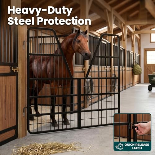 Thick Steel Livestock Gate, Stall Guards for Horses with Ventilated Double Grid and Secure Quick Release Latch, Horse Stall Gate for Horse Farm, Ranch and Pen - size: Three-layer Floor 52 x 42 inch