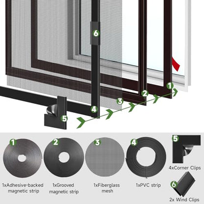 HOFUDON Window Screen Adjustable Magnetic Window Screen Replacement Max 39” x 59”, DIY Fiberglass Mesh Window Screens for House Windows Black Frame Grey Mesh - color: Black Frame Gray Mesh, size: 39" x 59"