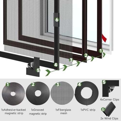 HOFUDON Window Screen Adjustable Magnetic Window Screen Replacement Max 39” x 59”, DIY Fiberglass Mesh Window Screens for House Windows Black Frame Grey Mesh - color: Black Frame Gray Mesh, size: 47" x 51"
